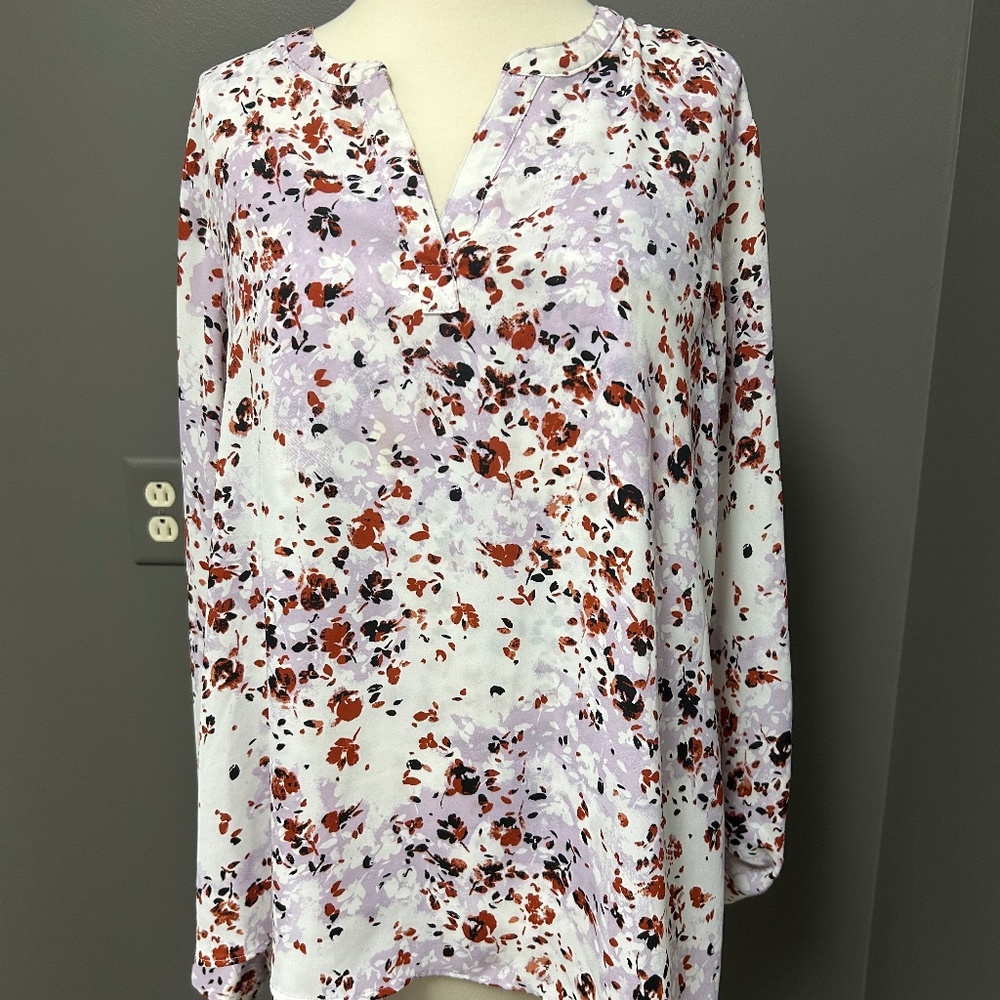 Simply Vera Vera Wang Womens Shirt Floral Lavender White Rust V-neck Ruffle XL